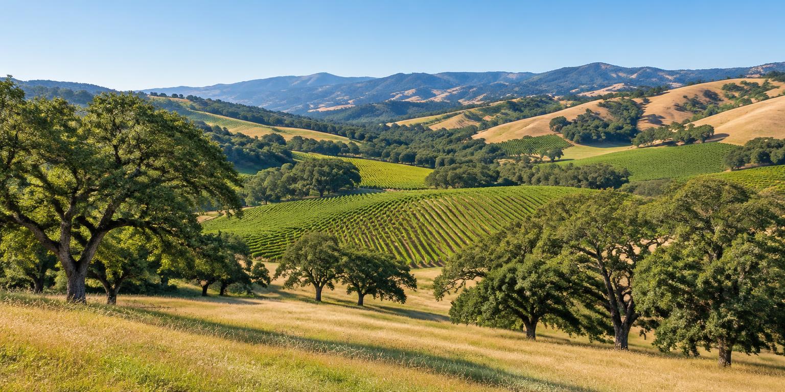 Illustration of Central Coast vineyard hills and oak trees